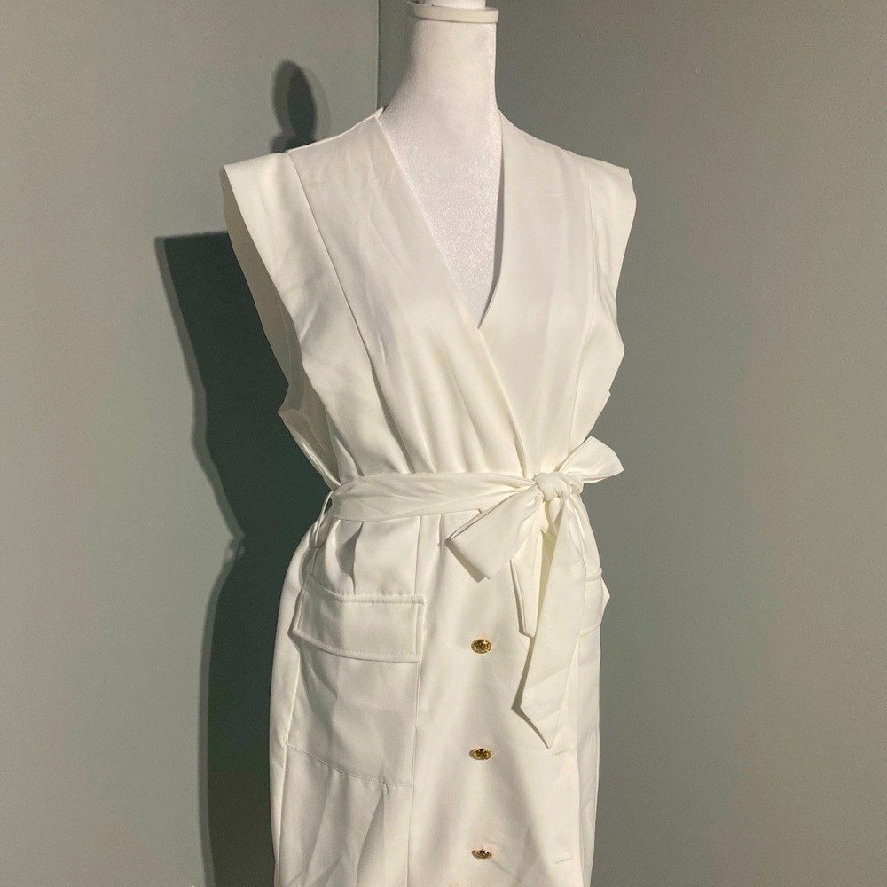 White Sleeveless Gold Button Detail Blazer Dress